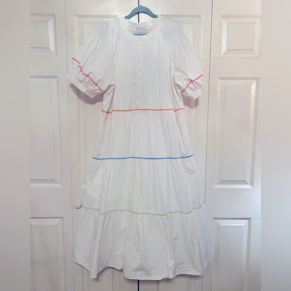 English Factory white maxi dress with puff sleeves and pastel piping.  Size 2X